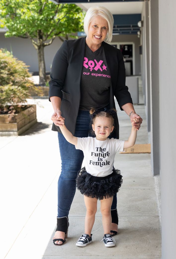 The author with her daughter at the ROX world headquarters.