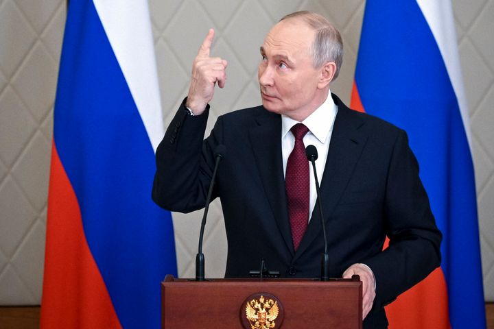 Russian President Vladimir Putin gestures while speaking to the media after the summit of the Collective Security Treaty Organisation in Astana, Kazakhstan, Thursday, Nov. 28, 2024. 