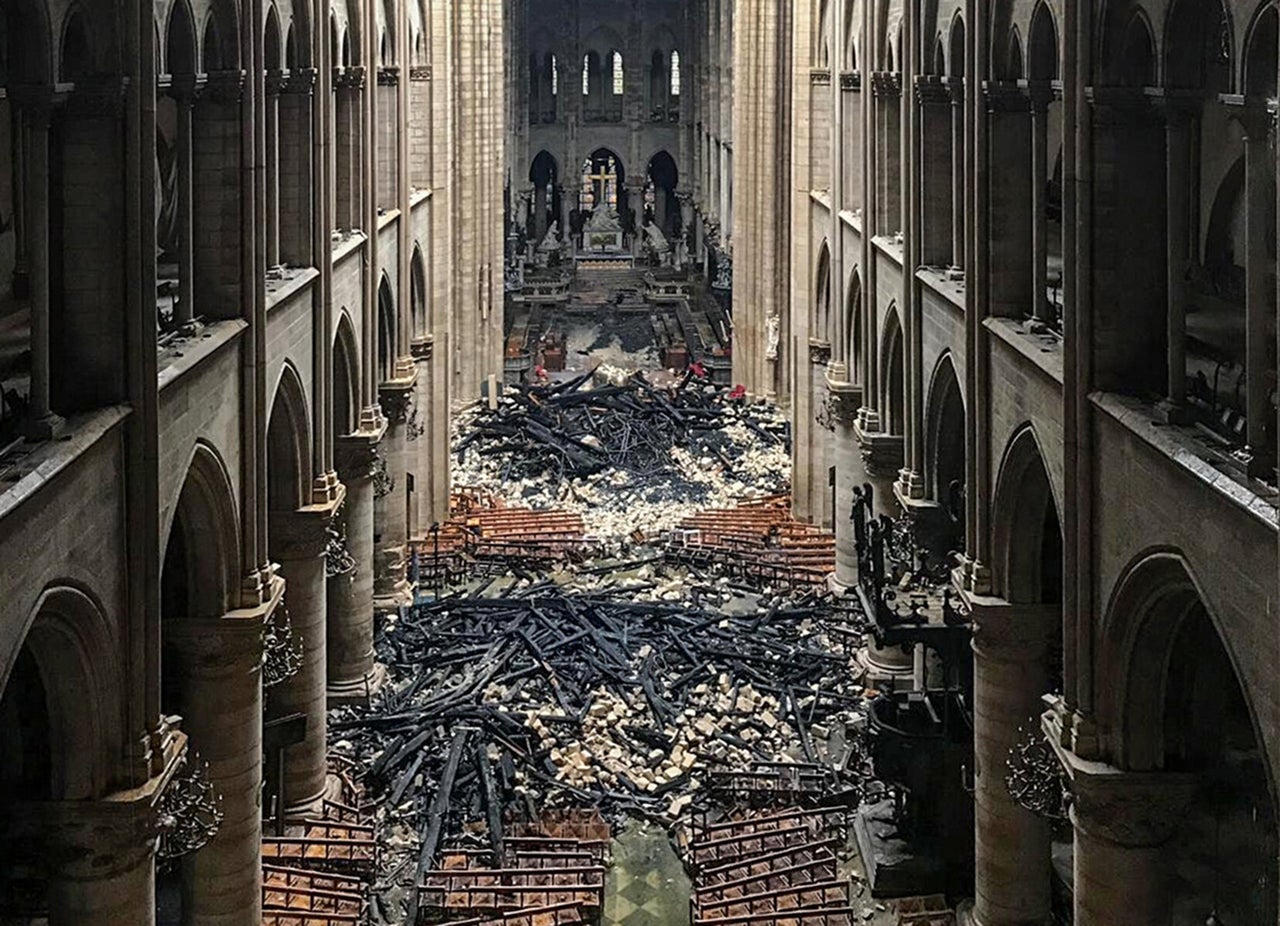 A picture taken on April 16, 2019, shows an interior view of the cathedral after a fire devastated the building.