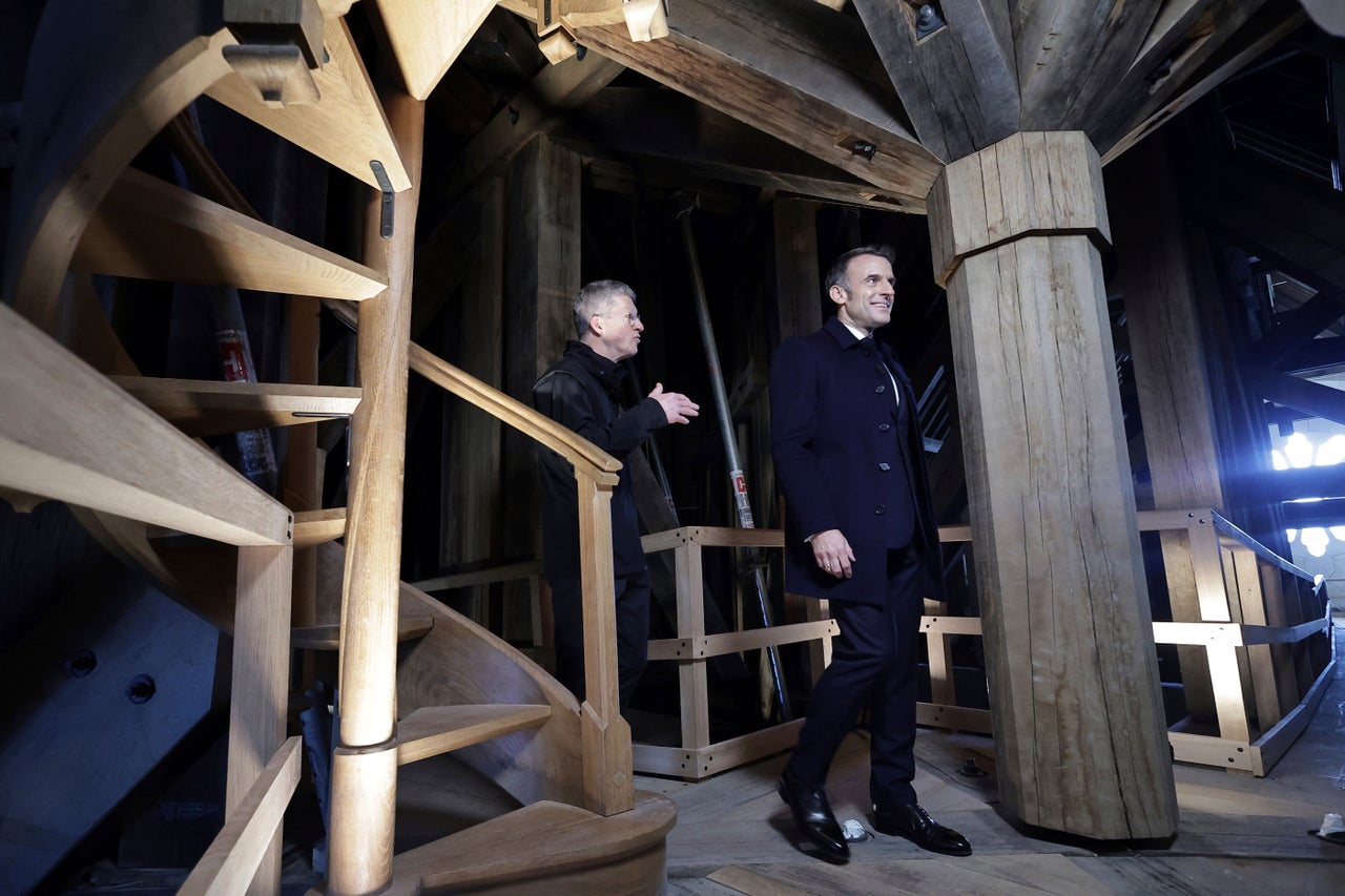 Macron visits the restored interiors of Notre Dame Cathedral.