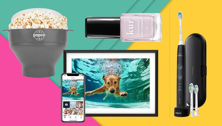 A popcorn popper, digital photo frame, nail concealer and electric toothbrush