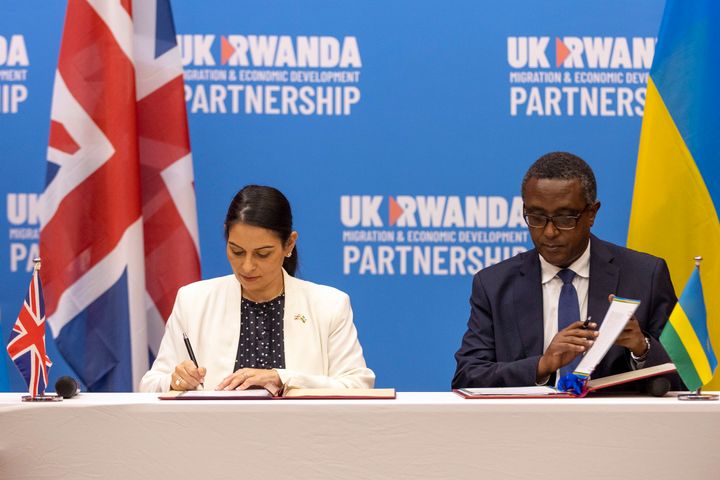 Then home secretary Priti Patel and Rwanda's minister of foreign affairs Vincent Biruta,sign their "economic development partnership" in Kigali in April 2022.