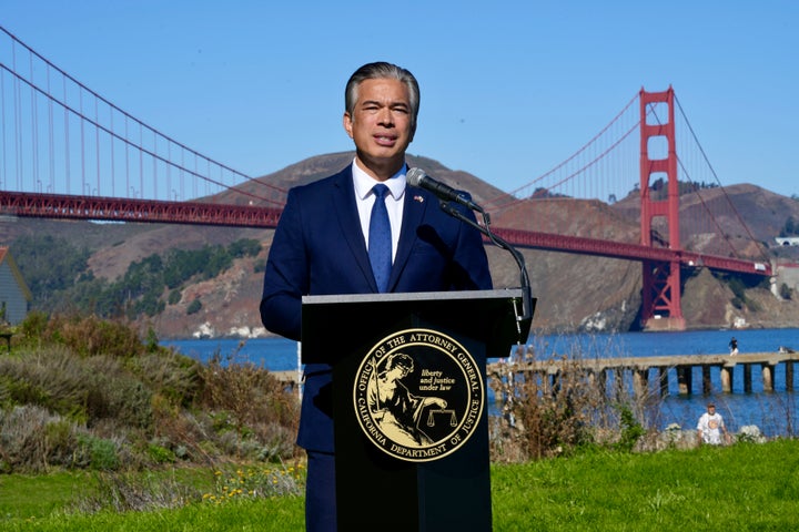 California Attorney General Rob Bonta speaks at a news conference in front of the Golden Gate Bridge in San Francisco on Nov. 7.