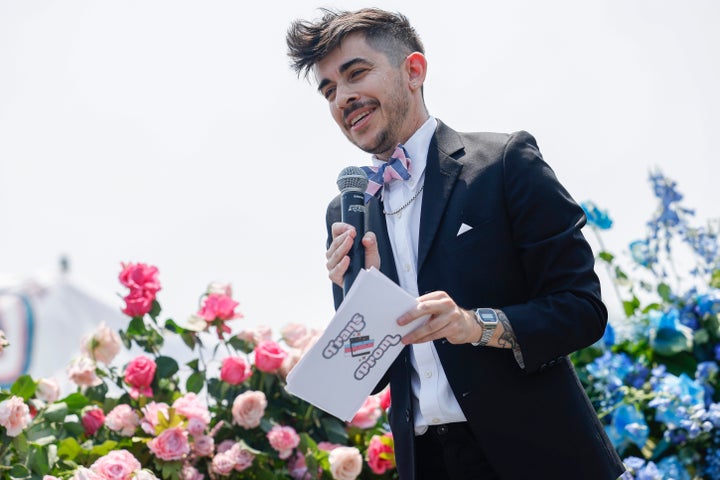 Chase Strangio speaks at the Trans Youth Prom outside of the U.S. Capitol in 2023.