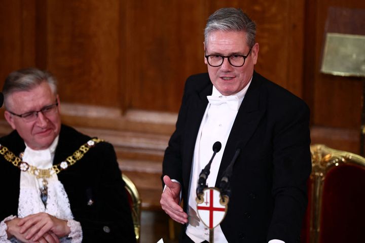 Keir Starmer gives a speech during the Lord Mayor's Banquet at the Guildhall in central London,