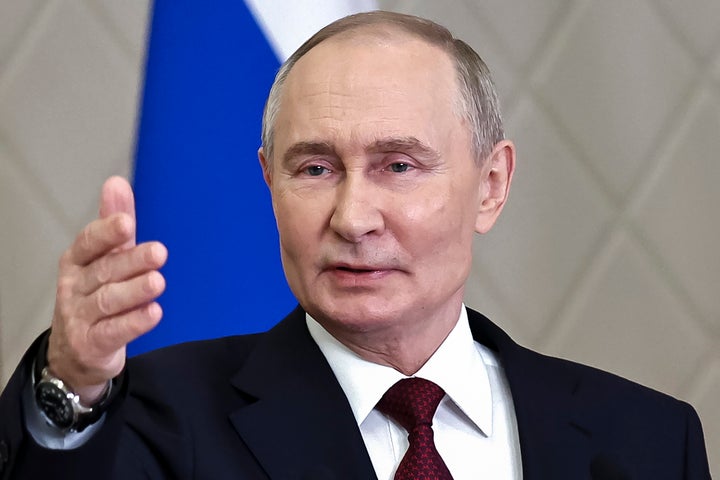 Russian President Vladimir Putin gestures while speaking to the media after the summit of the Collective Security Treaty Organization in Astana, Kazakhstan, Nov. 28, 2024.