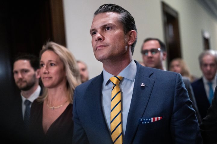 Pete Hegseth makes his way to a meeting with Sen. Ted Budd (R-N.C.), this week.