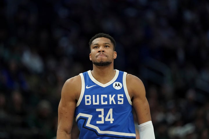 Milwaukee Bucks' Giannis Antetokounmpo before an NBA basketball game against the Washington Wizards, Saturday, Nov. 30, 2024, in Milwaukee. (AP Photo/Aaron Gash)