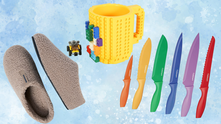 A pair of Bombas slippers, a building block mug and a set of Cuisinart knives.