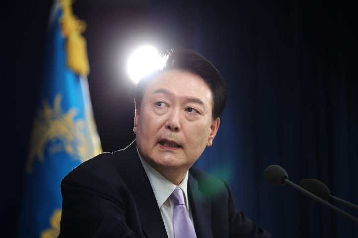 SEOUL, SOUTH KOREA - NOVEMBER 07: South Korean President Yoon Suk-yeol attends a press conference on state affairs at the presidential office on November 07, 2024 in Seoul, South Korea. (Photo by Kim Hong-Ji - Pool/Getty Images)