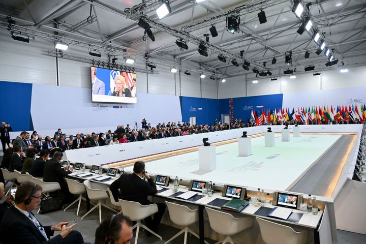 Officials participate in a plenary session of the 31st Organization for Security and Cooperation in Europe (OSCE) Ministerial summit, in Ta'Qali, Malta, Thursday, Dec. 5, 2024. (Alberto Pizzoli/Pool Photo via AP)