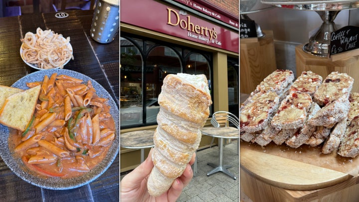 From left: Photos show tobacco onions and spicy chicken pasta, a cream horn, and some classic fifteens.