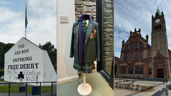 From left: Photos show Free Derry Corner, the "Derry Girls Experience" at the Tower Museum, and the Guildhall.