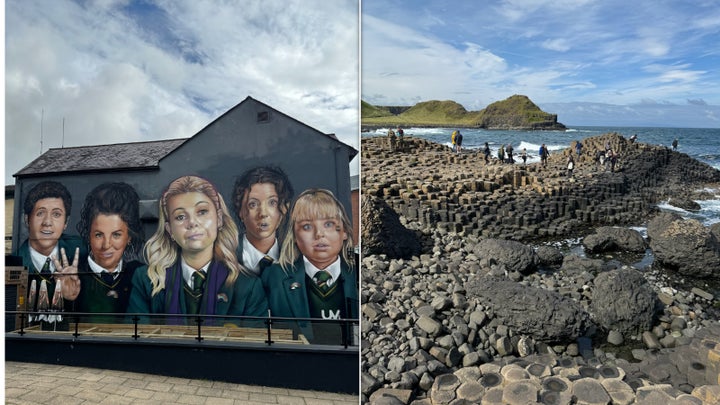 Pictures show a "Derry Girls" mural in Derry, left, and Giant's Causeway, which the character Michelle aptly notes "foreigners fucking love."