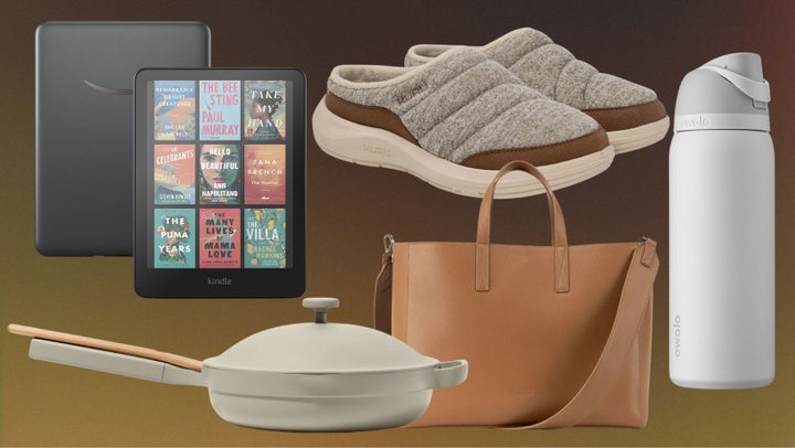 Clockwise from bottom left: The Always Pan, the new Kindle Colorsoft, a pair of arch-support slippers, the Owala dual-sip water bottle and the Haven laptop tote from Calpak.