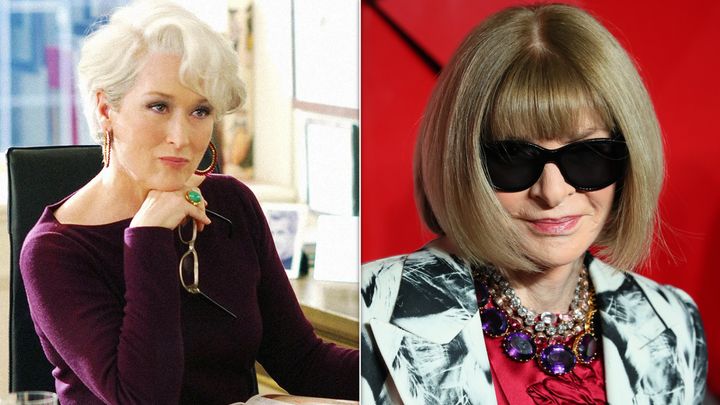 Meryl Streep as Miranda Priestly in "The Devil Wears Prada," left, and Anna Wintour in London.