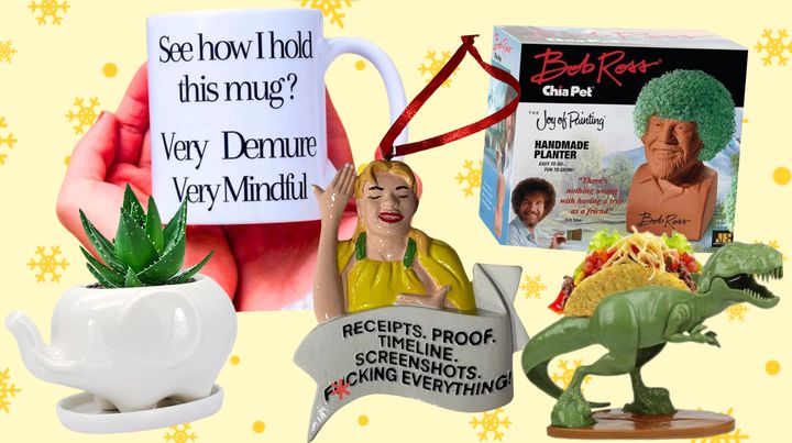 Demure and mindful mug, "Real Housewives of Salt Lake City" Heather ornament, Bob Ross Chia Pet, dino taco holder and white elephant planter