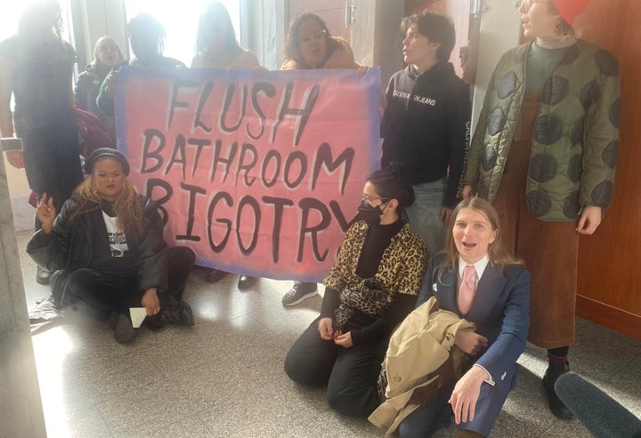 Chelsea Manning joins other trans rights activists in a protest outside of Speaker Mike Johnson's office over the GOP's anti-trans policies.