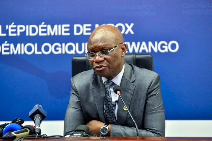 Congo's Health Minister Roger Kamba speaks, during a press conference, in Congo, Kinshasa, Thursday, Nov 5, 2024. (AP Photo/Samy Ntumba Shambuyi)