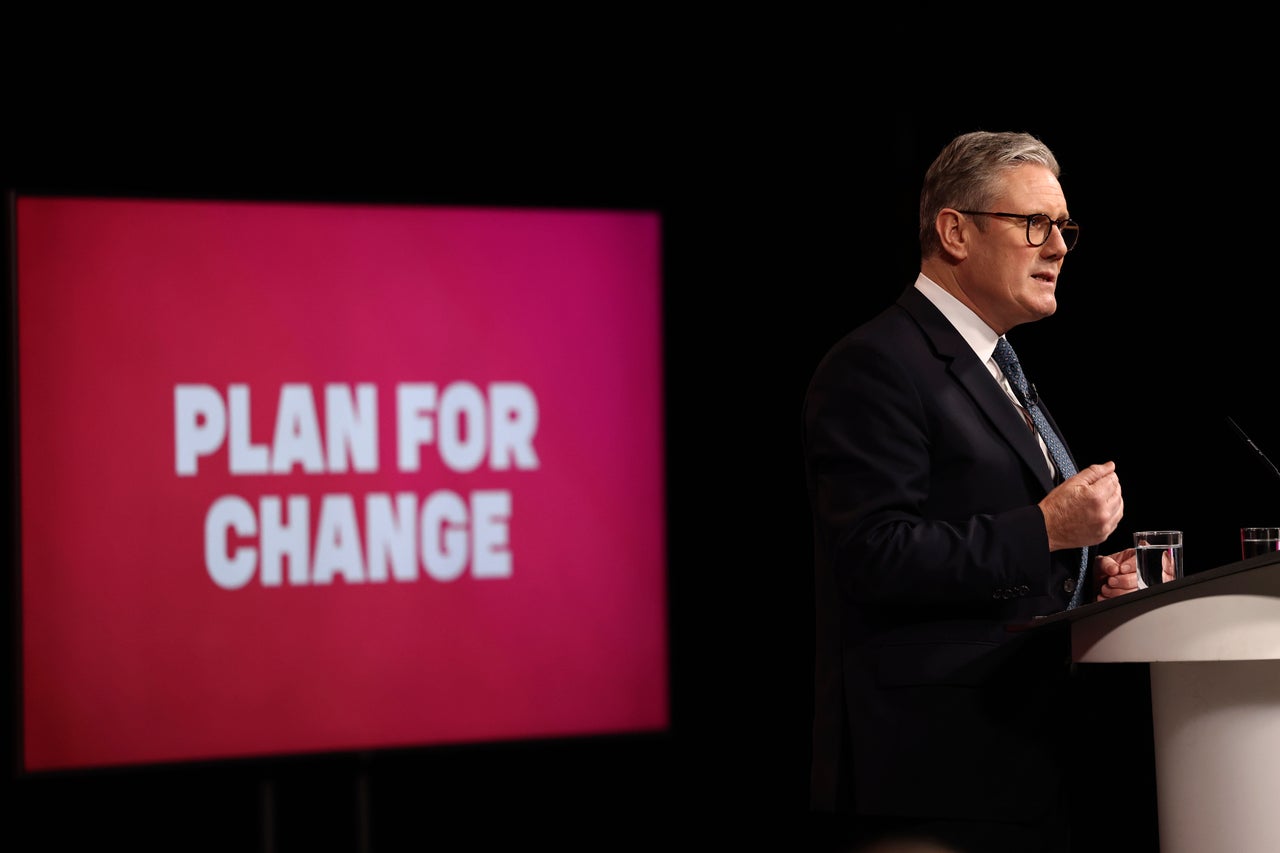 Britain's Prime Minister Keir Starmer gestures during his 'plan for change' speech at Pinewood studios on Thursday.