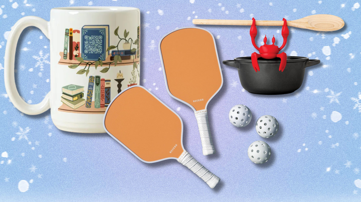 An interactive mug, pickleball starter set and crab utensil rest.