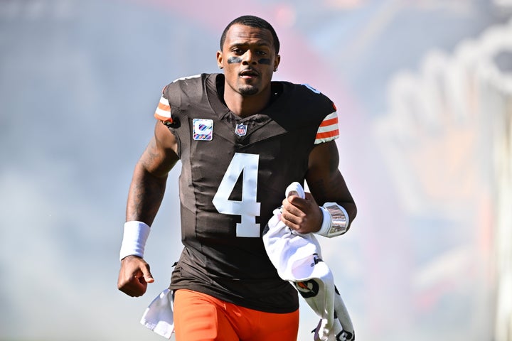 CLEVELAND, OHIO - OCTOBER 20: Quarterback Deshaun Watson #4 of the Cleveland Browns reacts during player introductions prior to the game against the Cincinnati Bengals at Cleveland Browns Stadium on October 20, 2024 in Cleveland, Ohio. (Photo by Jason Miller/Getty Images)