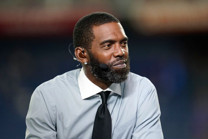 ESPN personality and commentator Randy Moss before a Monday Night NFL football game between the Buffalo Bills and the Tennessee Titans, Monday, Oct. 18, 2021, in Nashville, Tenn. (AP Photo/Matt Patterson)