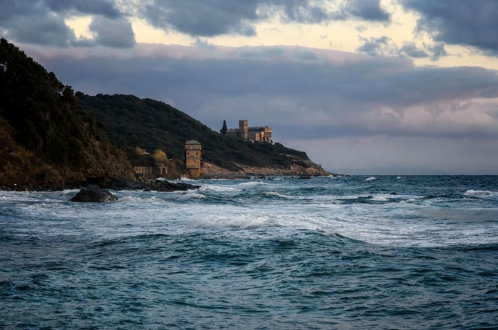 Stavronikita monastery view from Iviron port, Mount Athos, Greece