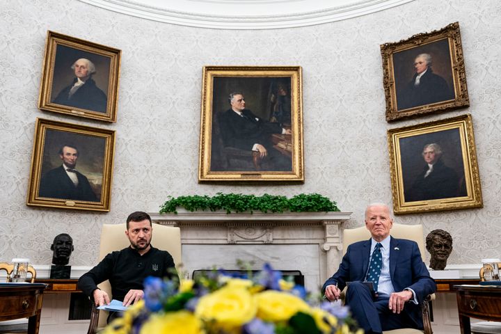 President Joe Biden and Volodymyr Zelenskiy, Ukraine's president, during a meeting in the Oval Office of the White House in Washington, DC, US, on Thursday, Sept. 26, 2024. (Al Drago/Bloomberg via Getty Images)