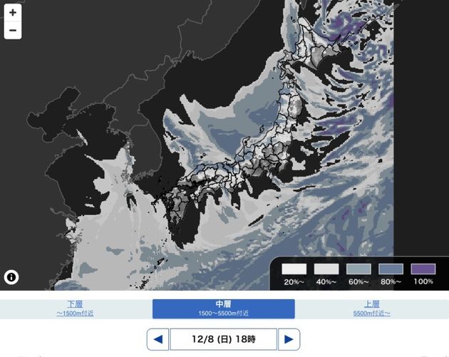 ウェザーニュース雲量予想マップより