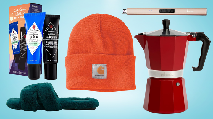 A Jack Black lip duo, slide slipper, Carhartt beanie, electric lighter and moka pot.