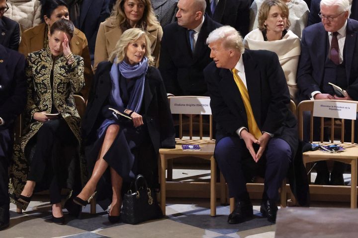 First lady Jill Biden and President-elect Donald Trump at the reopening of Notre Dame Cathedral in Paris, France.