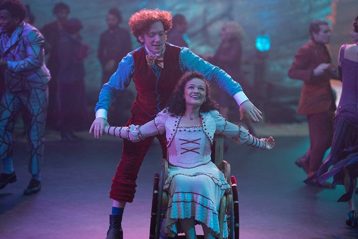 Ethan Slater and Marissa Bode as Boq and Nessarose in the first Wicked movie