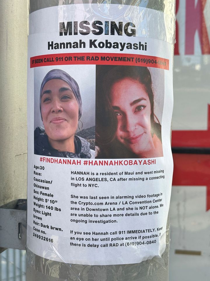 A flyer with information on Hannah Kobayashi, currently missing, is displayed on Nov. 21 in Los Angeles.