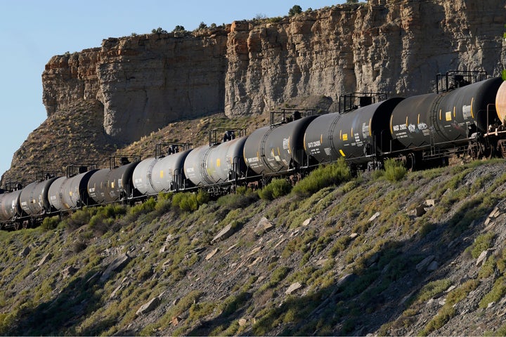 A train hauls oil tanker cars near Price, Utah. The Supreme Court will hear arguments Tuesday in a case centered on the proposed Uinta Basin Railway, which would connect the remote Uinta Basin to the national rail system. 