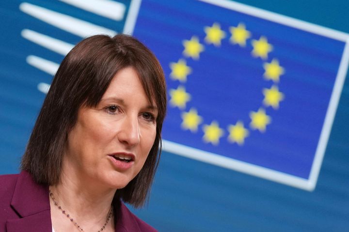 Britain's Chancellor of the Exchequer Rachel Reeves speaks during a media conference after a meeting of eurogroup finance ministers at the European Council building in Brussels.