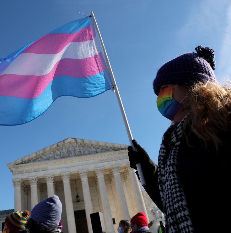 A supporter of transgender rights takes part in a rally outside of the Supreme Court as it hears arguments in a case on transgender health rights on Dec. 4, 2024, in Washington, D.C.