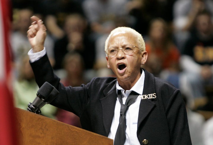 Virginia Tech English Professor, Nikki Giovanni speaks closing remarks at a convocation to honor the victims of a shooting rampage at Virginia Tech in Blacksburg, Va., on April 17, 2007.