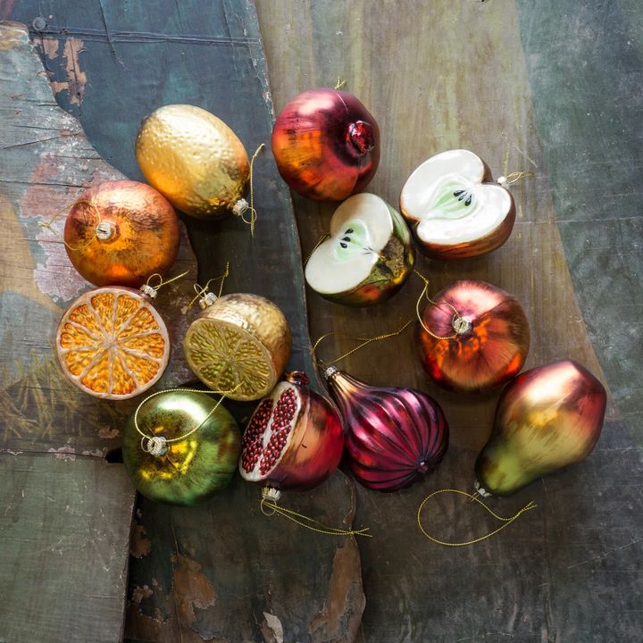 A set of glass fruit ornaments