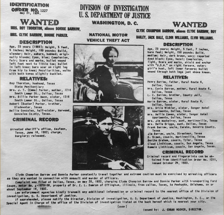 A "wanted" poster for Clyde Champion Barrow and Bonnie Parker, Depression-era outlaws who triggered one of the most extensive manhunts in U.S. history up until that time. Some celebrated the pair.