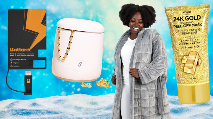 An emergency phone charger with an eight-year shelf life and an ultrasonic jewelry cleaner from Grommet, a weighted robe from Thera and a 24-karat gold peel-off skin care mask from Azure at Amazon.