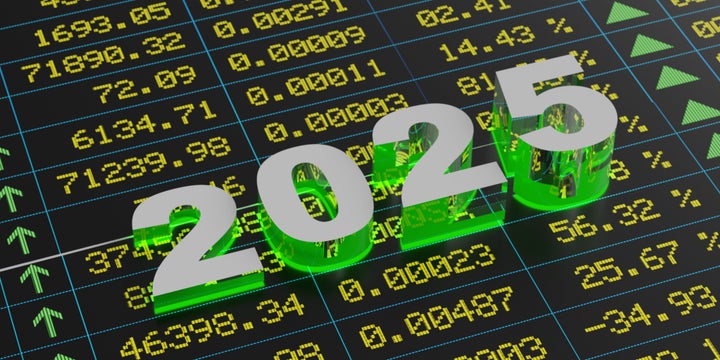 3D rendered 2025 text in green color standing on a stock market data board. Height of green color numbers increasing. Symbol of rising financial assets.