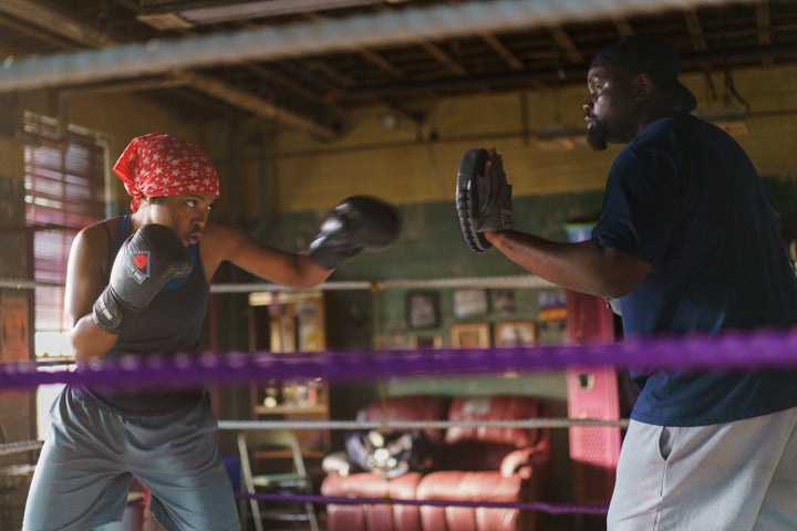 Ryan Destiny as Olympic champion boxer Claressa Shields and Brian Tyree Henry as Shields' coach Jason Crutchfield in director Rachel Morrison's sports biopic, "The Fire Inside."