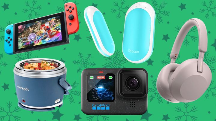 Right to left: A Nintendo Switch, a portable electric lunchbox, a pair of electric hand warmers, a waterproof GoPro action camera and a pair of Sony noise-canceling headphones.