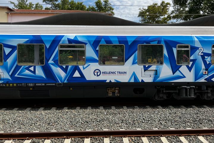 A train sit in platform in railway station in Leianokladi, Greece on August 13, 2022.