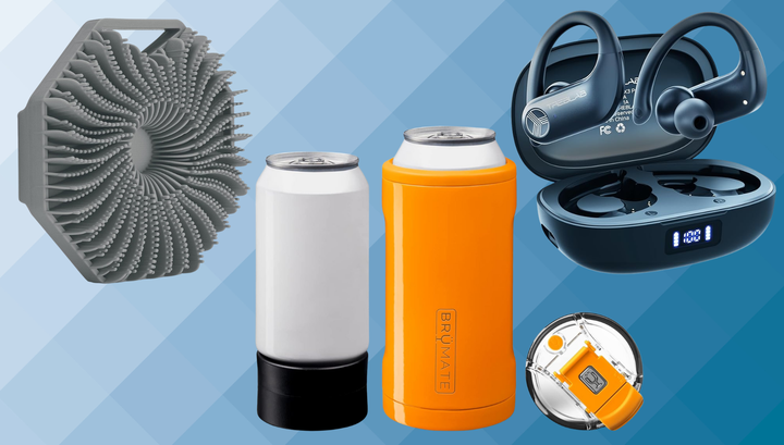 A silicone body scrubber, can cooler and Bluetooth headphones
