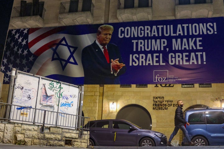 A banner congratulates President-elect Donald Trump on winning the U.S. presidential election, in Jerusalem on Nov. 7, 2024. Israeli Prime Minister Benjamin Netanyahu congratulated Trump on his victory, calling it "history's greatest comeback" and a new beginning in the U.S.-Israel alliance.