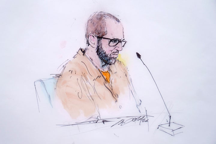 In this courtroom sketch, defendant Alexander Smirnov speaks in federal court in Los Angeles, Feb. 26, 2024.