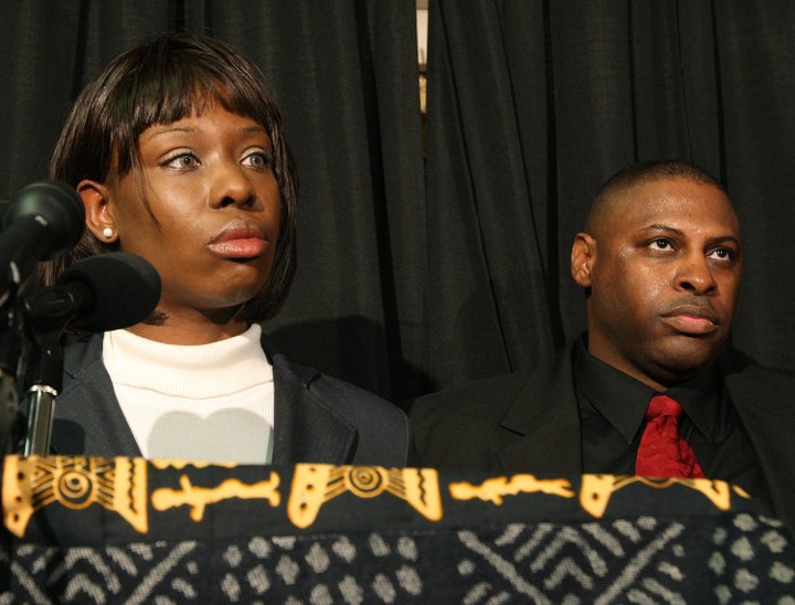 Mangum at a news conference to promote her book in 2008.