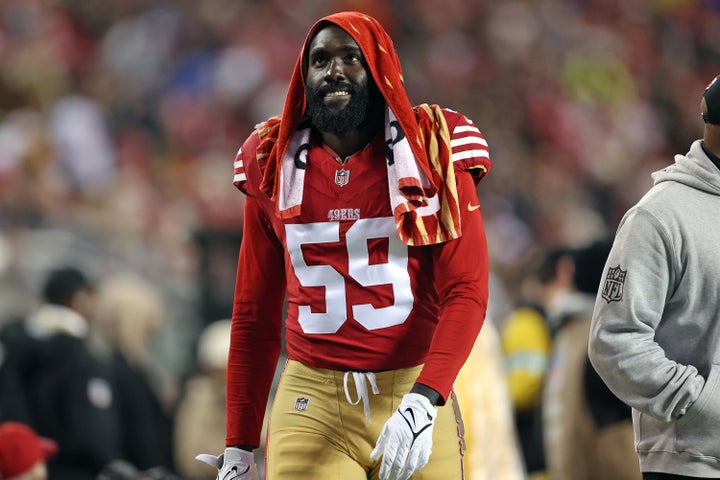 The San Francisco 49ers' De'Vondre Campbell walks to the locker room in the second half of a 12-6 loss to the Los Angeles Rams at Levi's Stadium in Santa Clara, Calif.